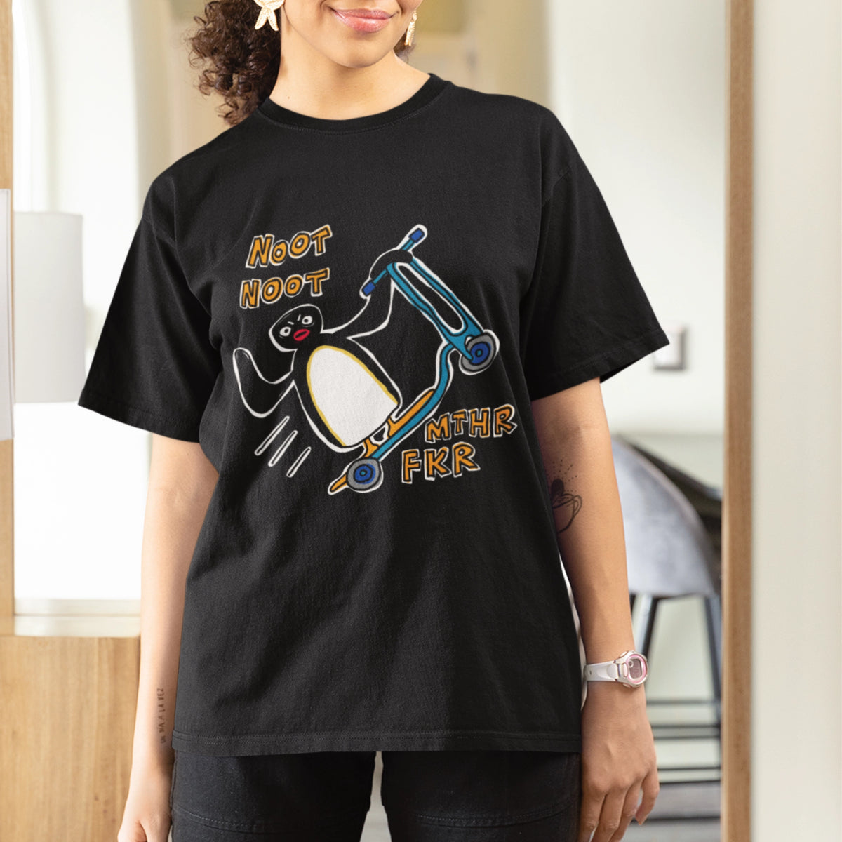 Black oversized t-shirt with Noot Noot graphic by Lonely Kids Club