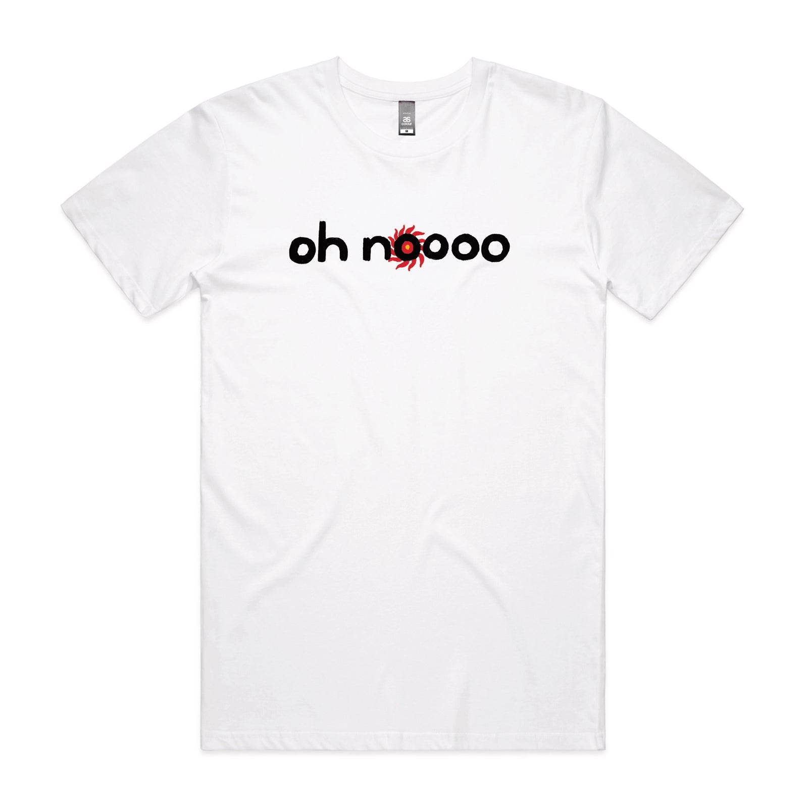 White unisex t-shirt with Oh Noooo graphic by Lonely Kids Club