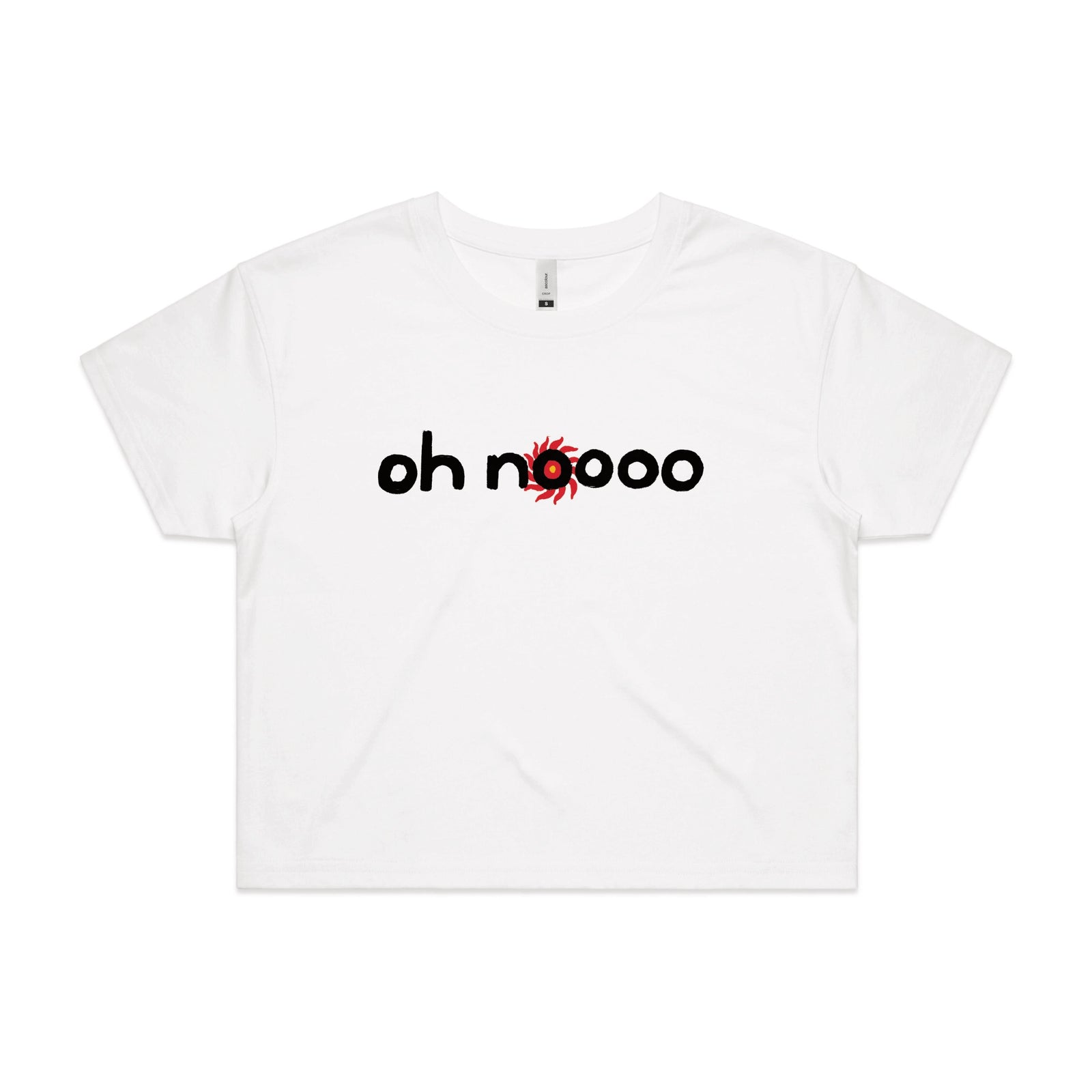 White crop top with Oh Noooo graphic by Lonely Kids Club