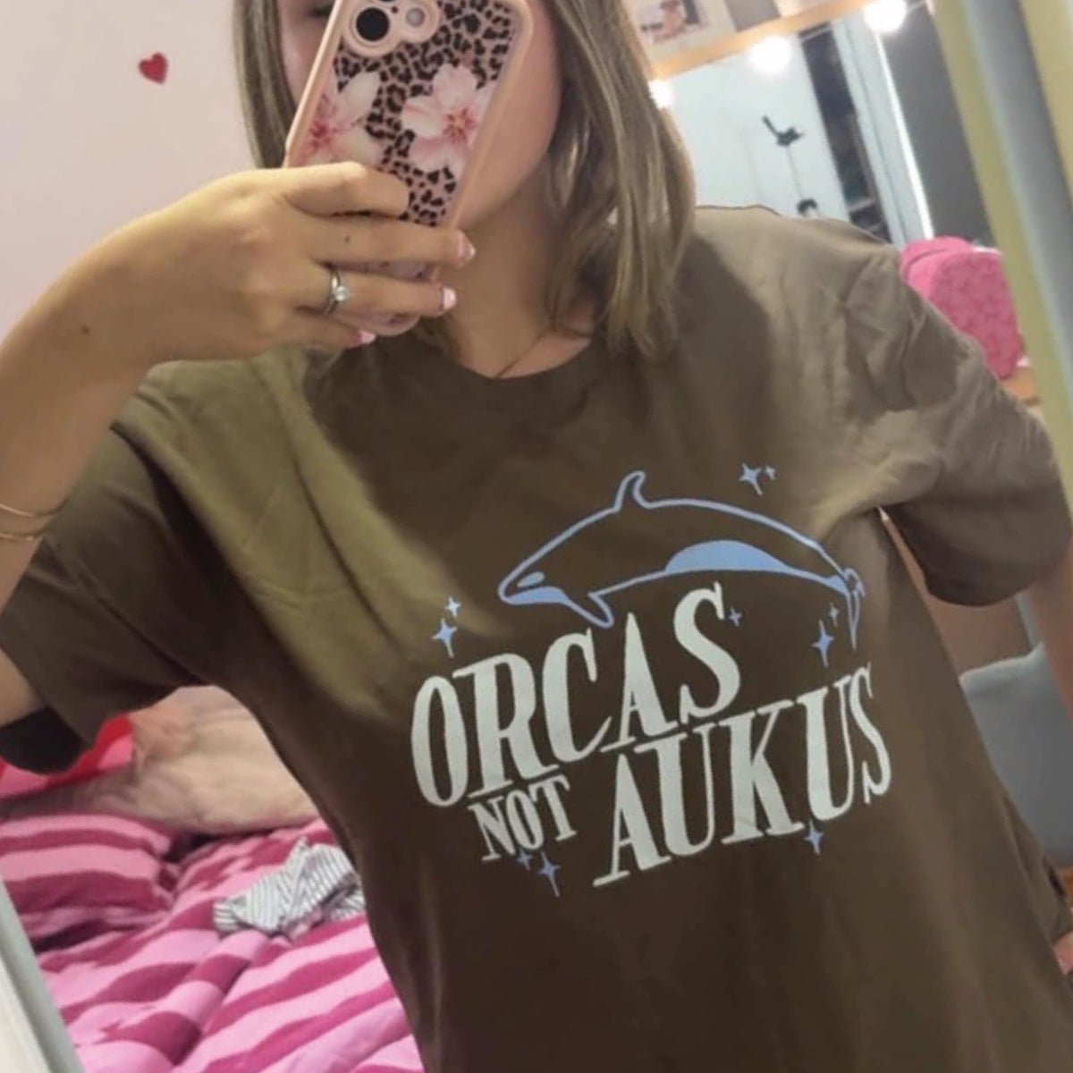 Orcas Not AUKUS Tee design, artwork by Claire Harrison for Lonely Kids Club