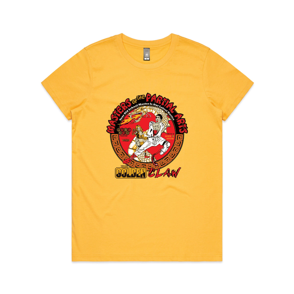 Yellow fitted womens t-shirt with Masters Of The Partial Arts graphic by Lonely Kids Club