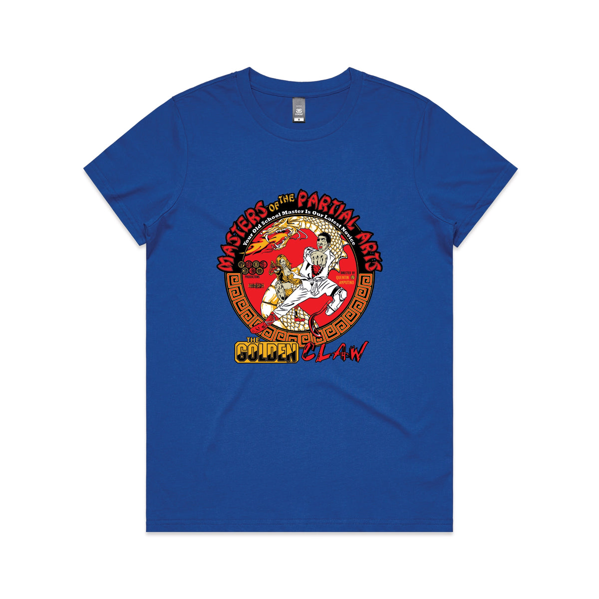 Royal Blue fitted womens t-shirt with Masters Of The Partial Arts graphic by Lonely Kids Club