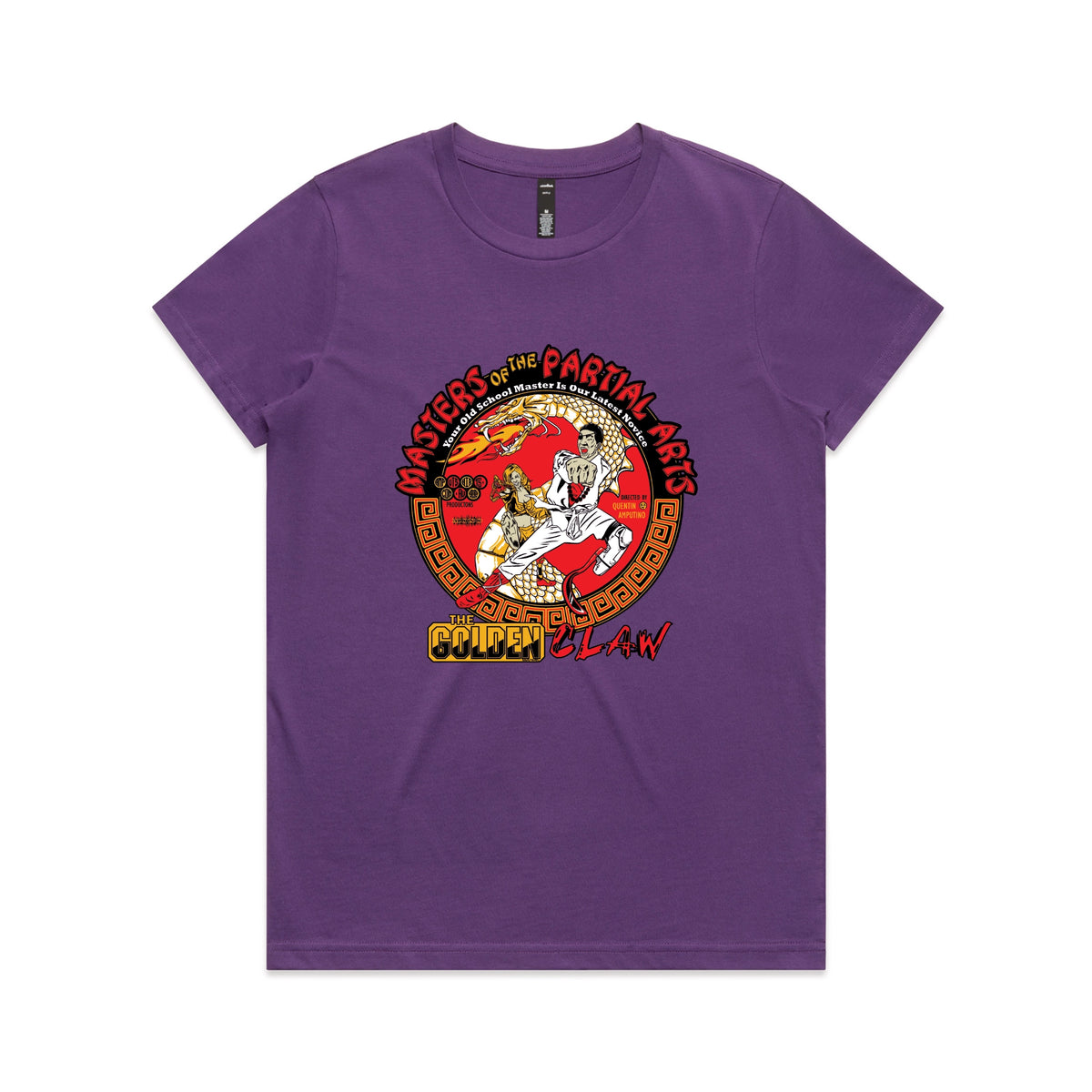 Purple fitted womens t-shirt with Masters Of The Partial Arts graphic by Lonely Kids Club