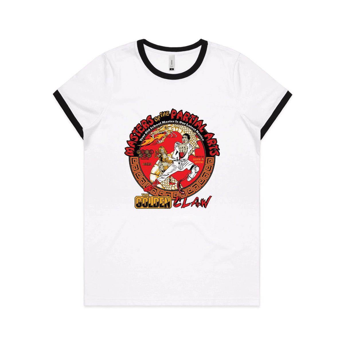 Black/White Ringer fitted womens t-shirt with Masters Of The Partial Arts graphic by Lonely Kids Club