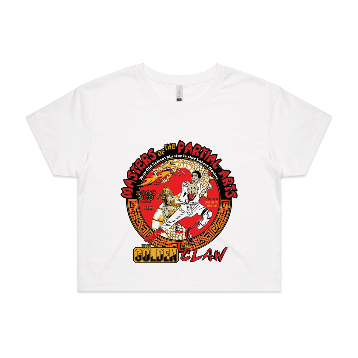 White crop top with Masters Of The Partial Arts graphic by Lonely Kids Club