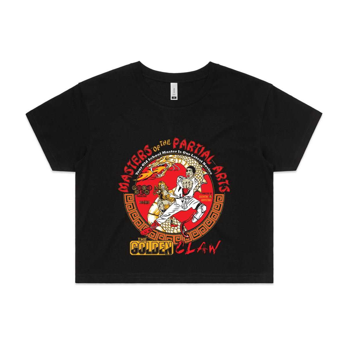 Black crop top with Masters Of The Partial Arts graphic by Lonely Kids Club