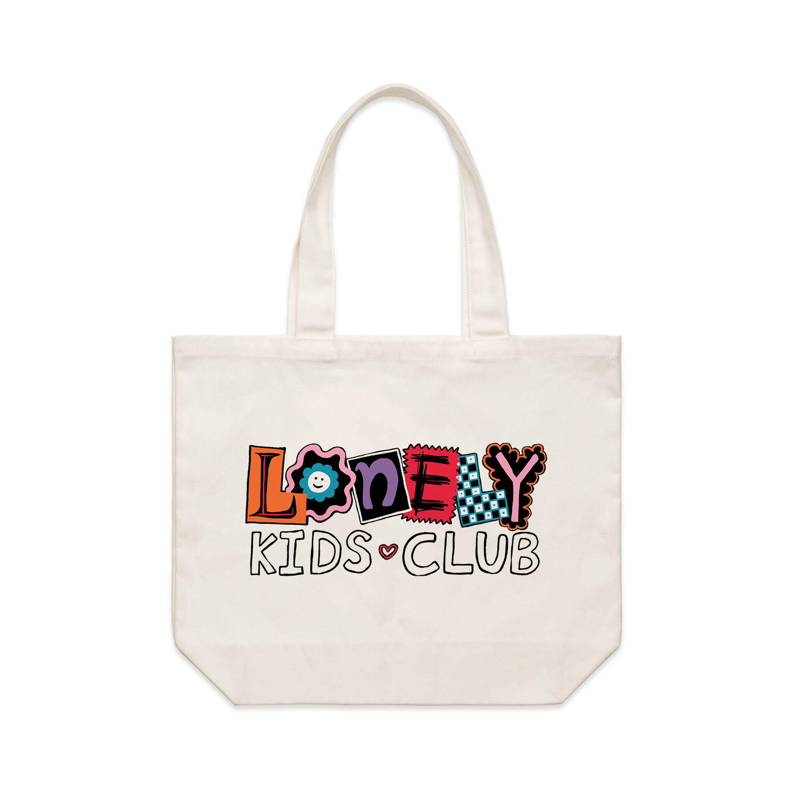 Cream shoulder tote with LKC Patchwork Tote graphic by Lonely Kids Club