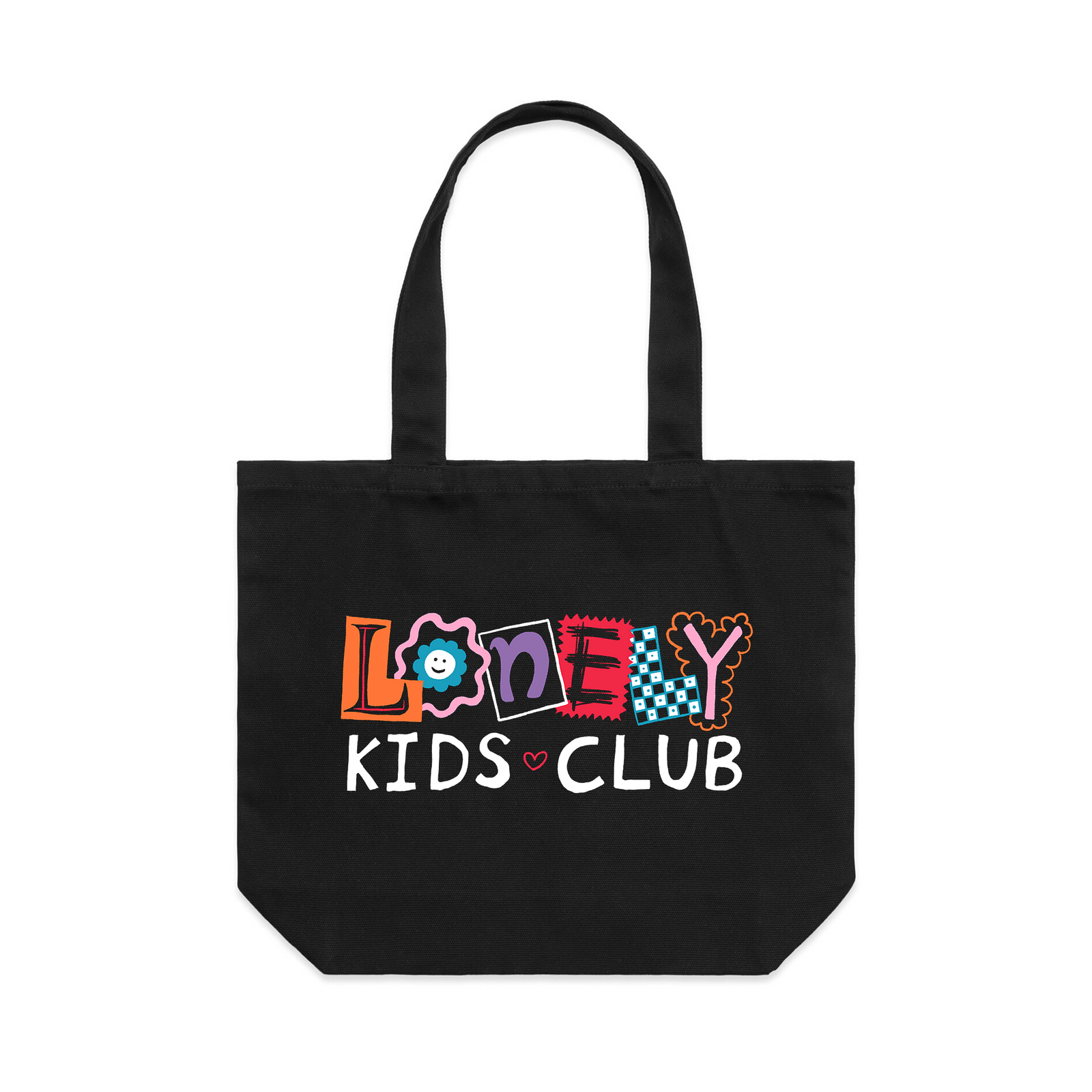Black shoulder tote with LKC Patchwork Tote graphic by Lonely Kids Club