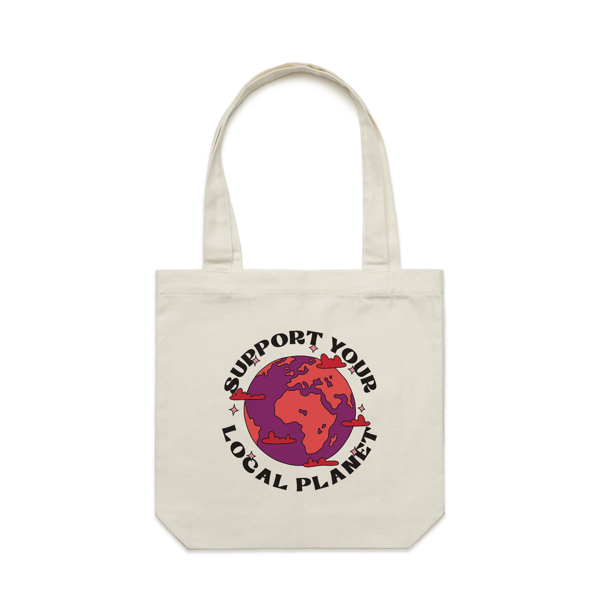 Cream carrie tote with Support Your Local Planet Tote graphic by Lonely Kids Club