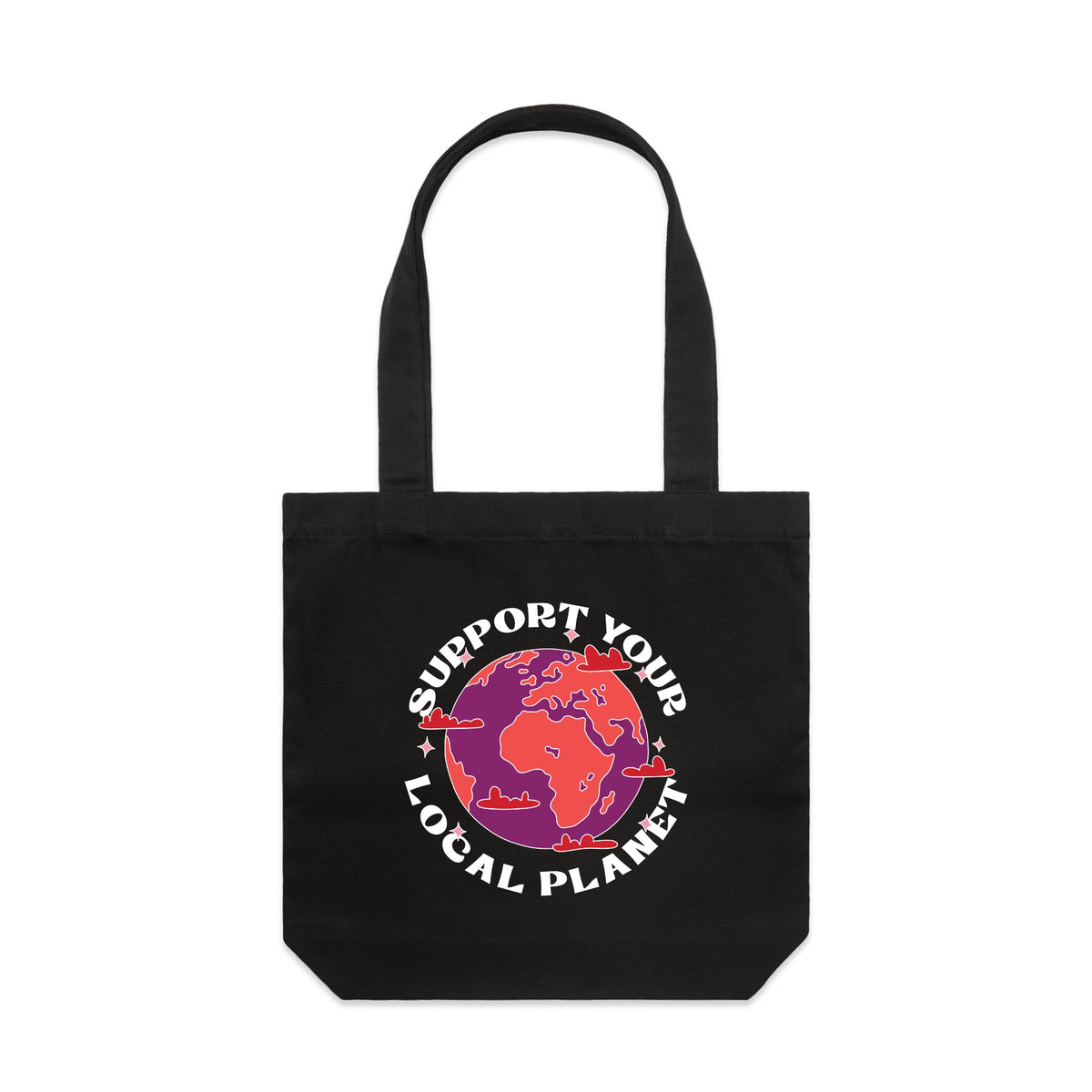 Black carrie tote with Support Your Local Planet Tote graphic by Lonely Kids Club