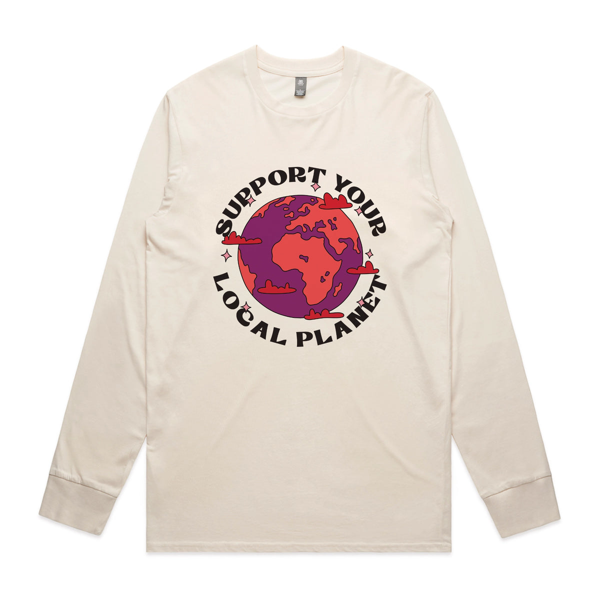 Ecru long sleeve t-shirt with Support Your Local Planet graphic by Lonely Kids Club