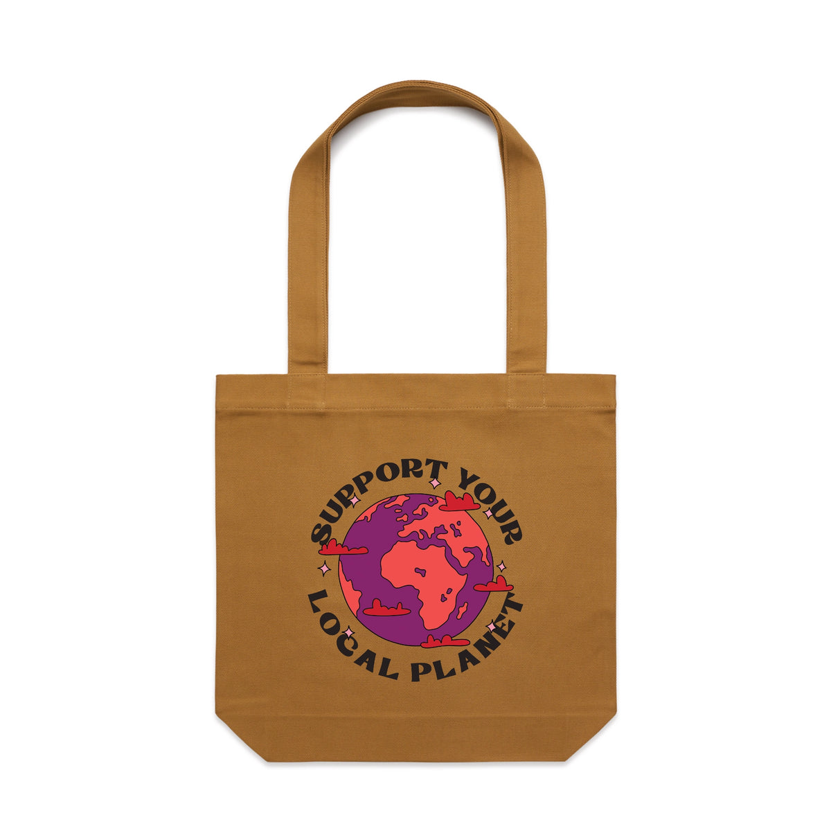 Camel carrie tote with Support Your Local Planet Tote graphic by Lonely Kids Club