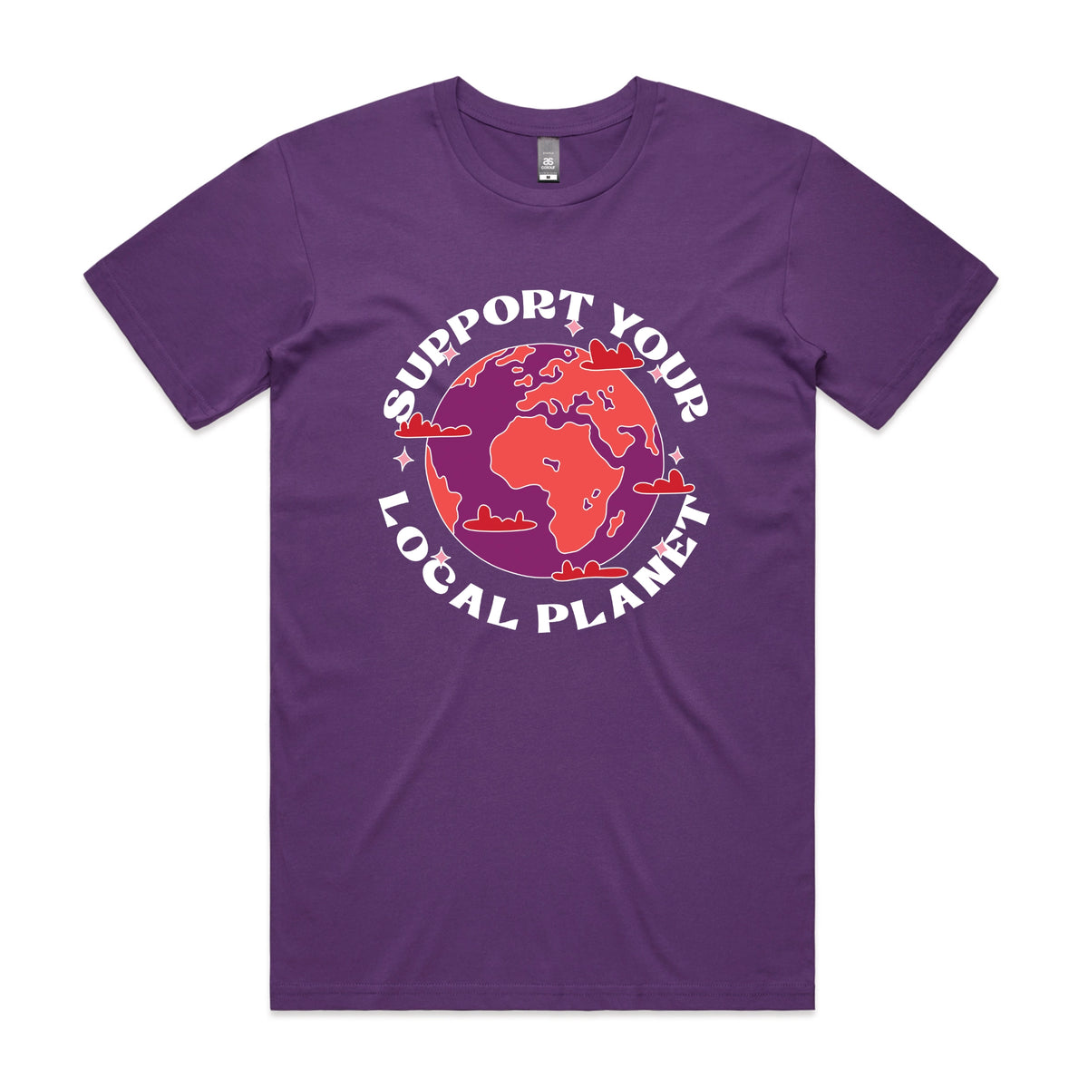 Purple unisex t-shirt with Support Your Local Planet graphic by Lonely Kids Club