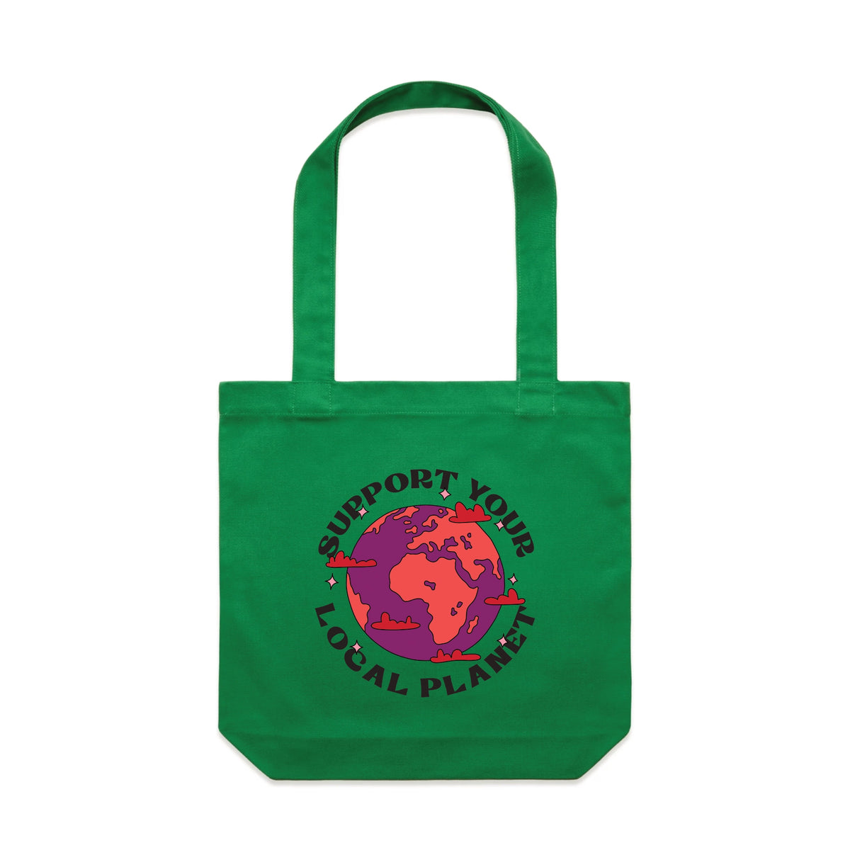 Green carrie tote with Support Your Local Planet Tote graphic by Lonely Kids Club