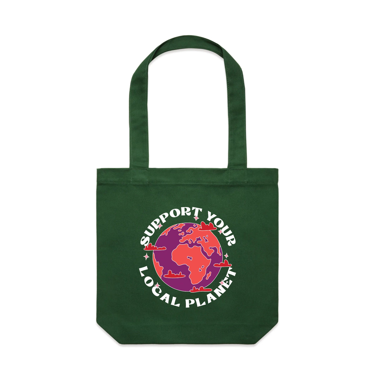Forest Green carrie tote with Support Your Local Planet Tote graphic by Lonely Kids Club