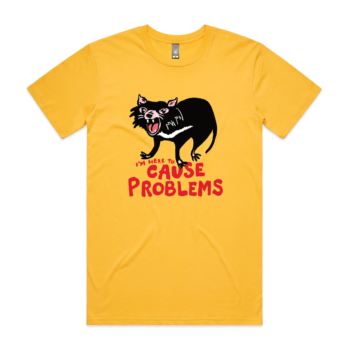 Yellow unisex t-shirt with Cause Problems graphic by Lonely Kids Club