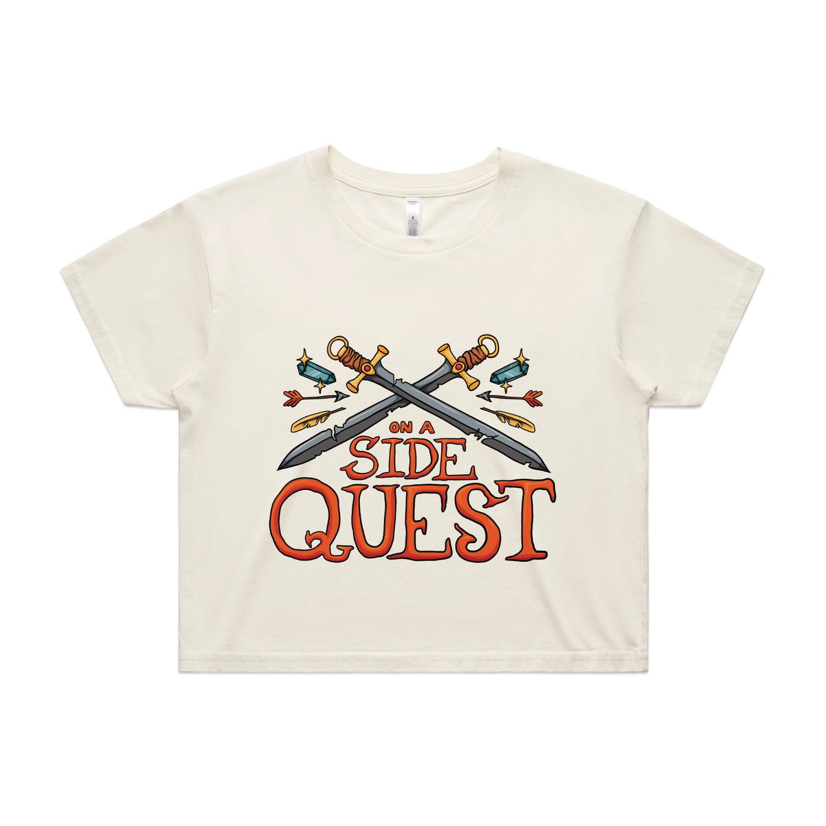 Ecru crop top with Side Quest graphic by Lonely Kids Club
