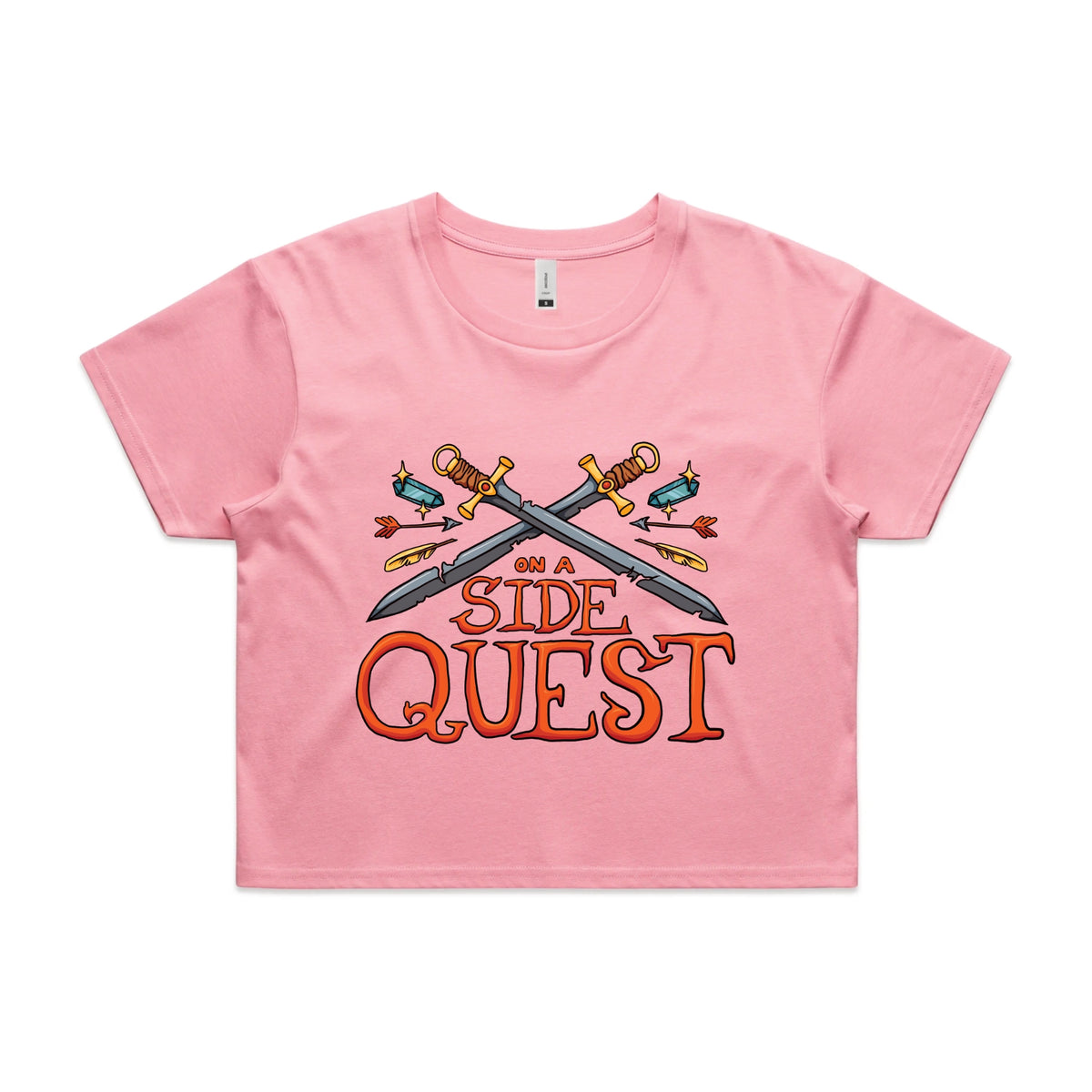Bubblegum crop top with Side Quest graphic by Lonely Kids Club