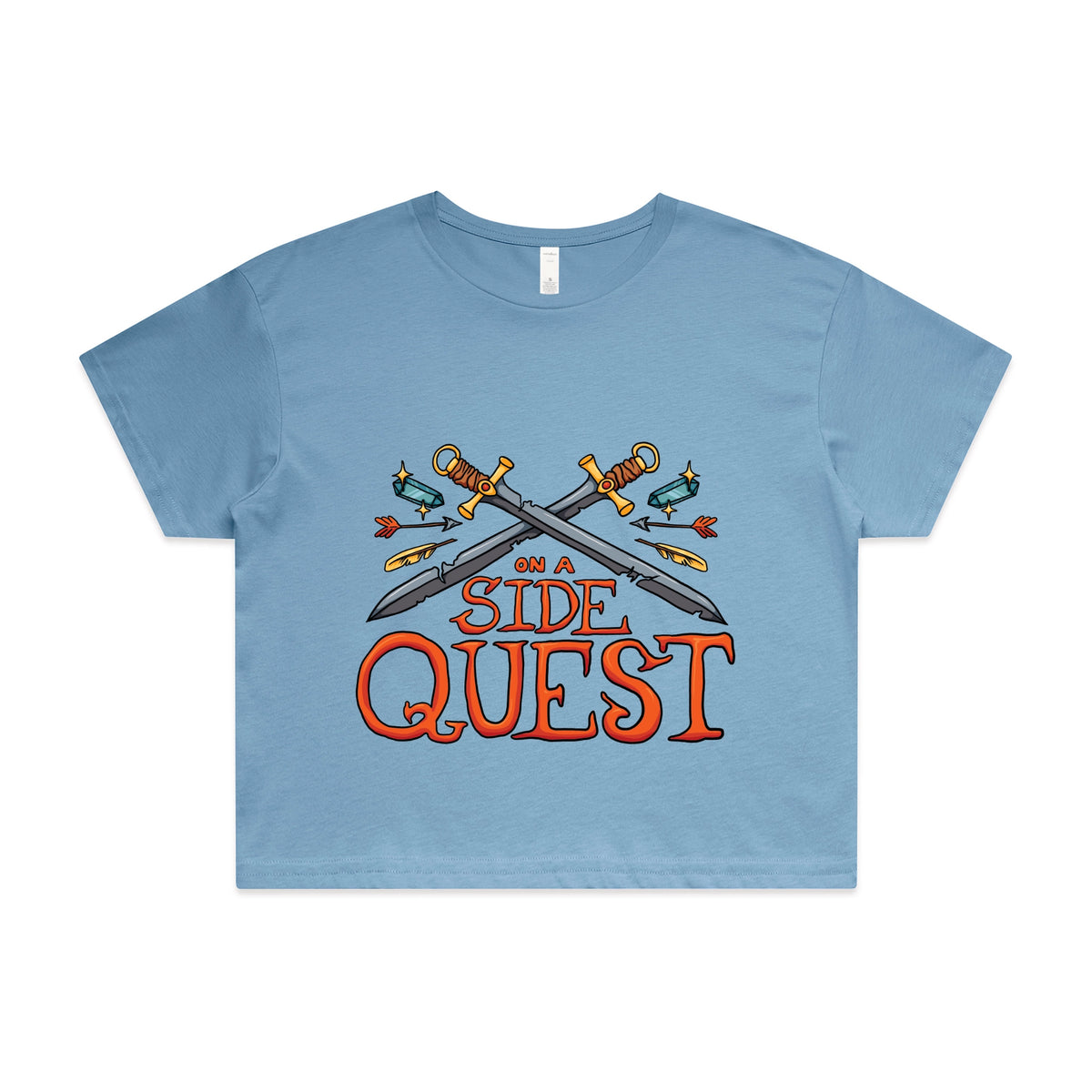 Carolina Blue crop top with Side Quest graphic by Lonely Kids Club