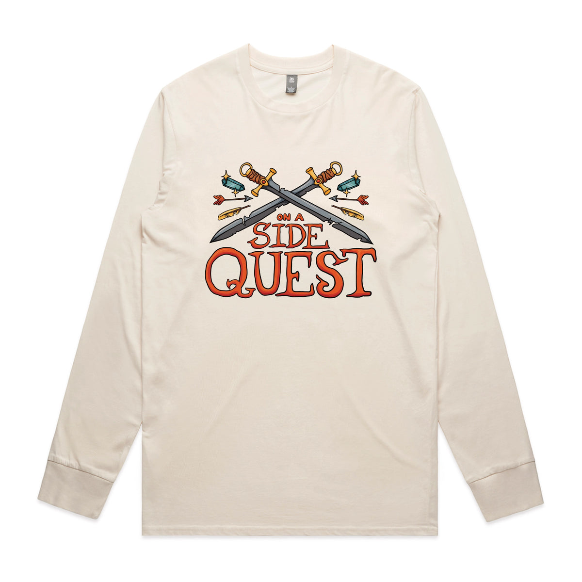Ecru long sleeve t-shirt with Side Quest graphic by Lonely Kids Club