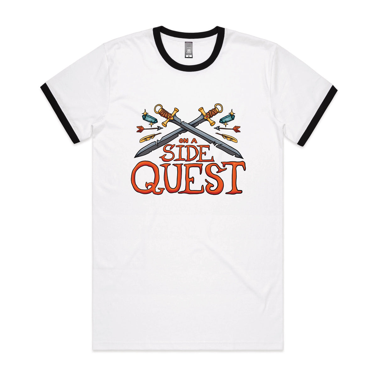 Black/White Ringer unisex t-shirt with Side Quest graphic by Lonely Kids Club