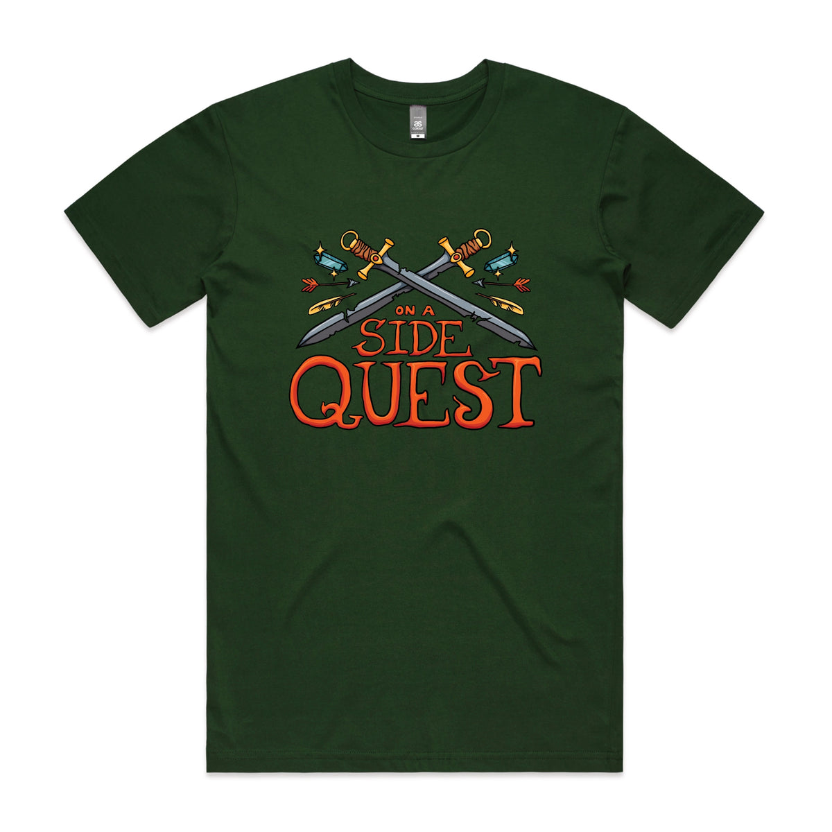 Forest Green unisex t-shirt with Side Quest graphic by Lonely Kids Club