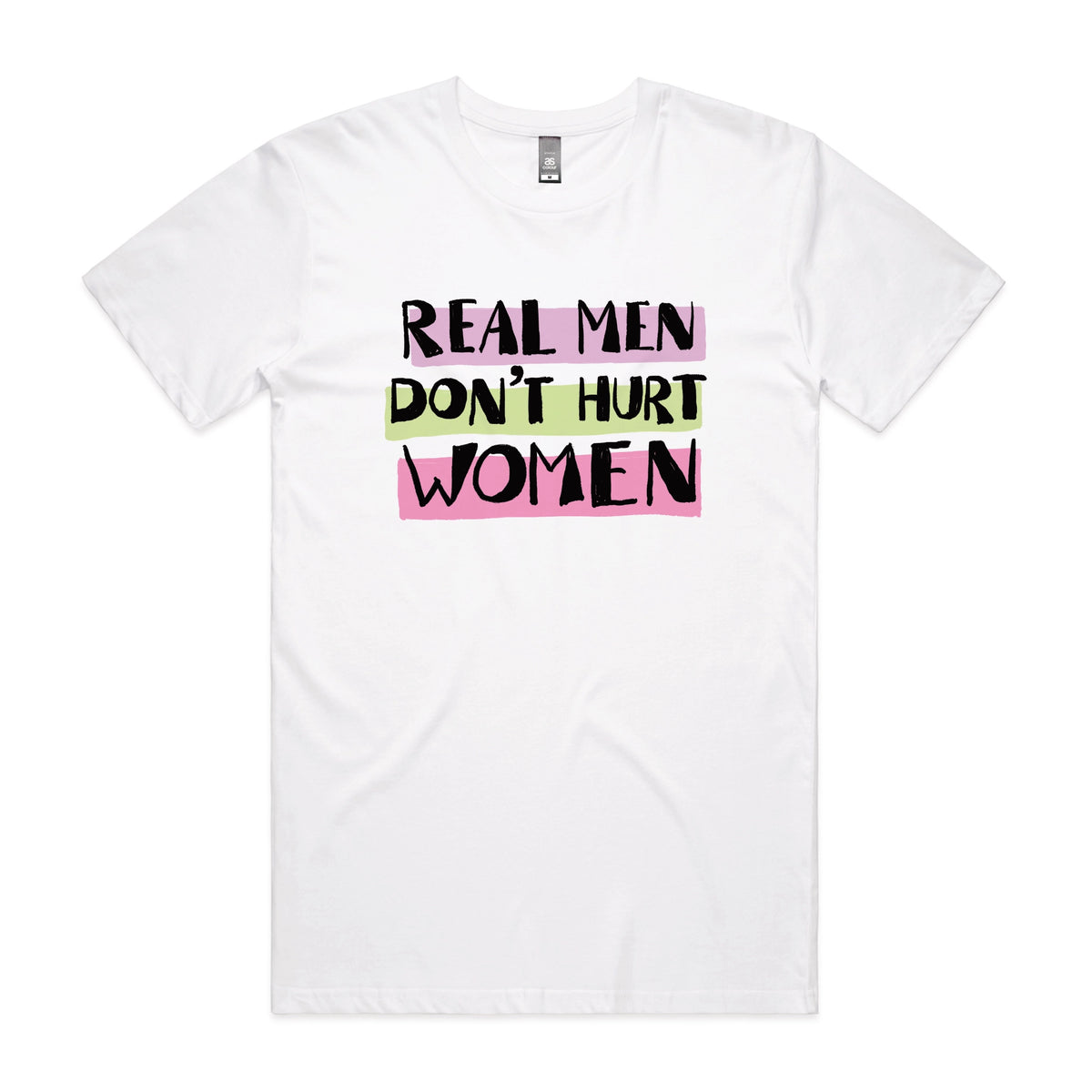 White unisex t-shirt with Real Men graphic by Lonely Kids Club
