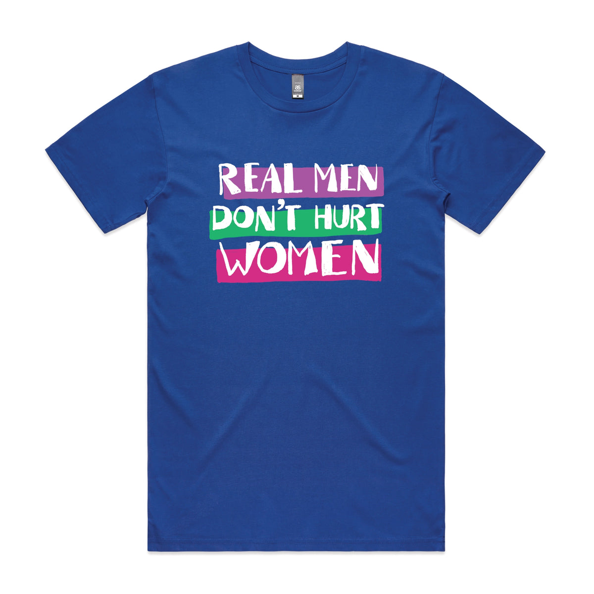 Royal Blue unisex t-shirt with Real Men graphic by Lonely Kids Club