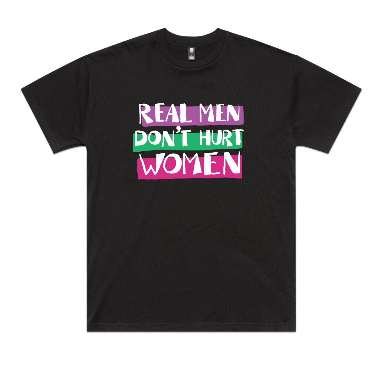 Black oversized t-shirt with Real Men graphic by Lonely Kids Club