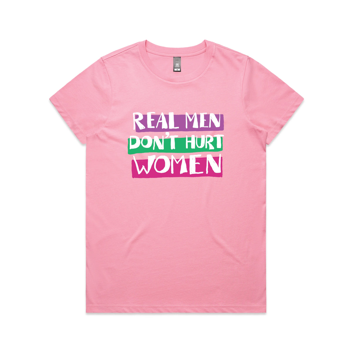 Bubblegum fitted womens t-shirt with Real Men graphic by Lonely Kids Club