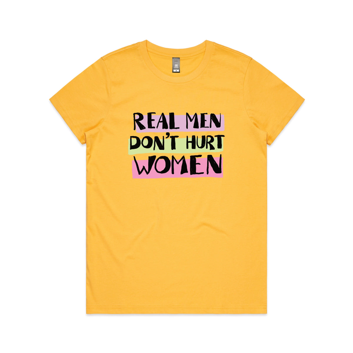 Yellow fitted womens t-shirt with Real Men graphic by Lonely Kids Club