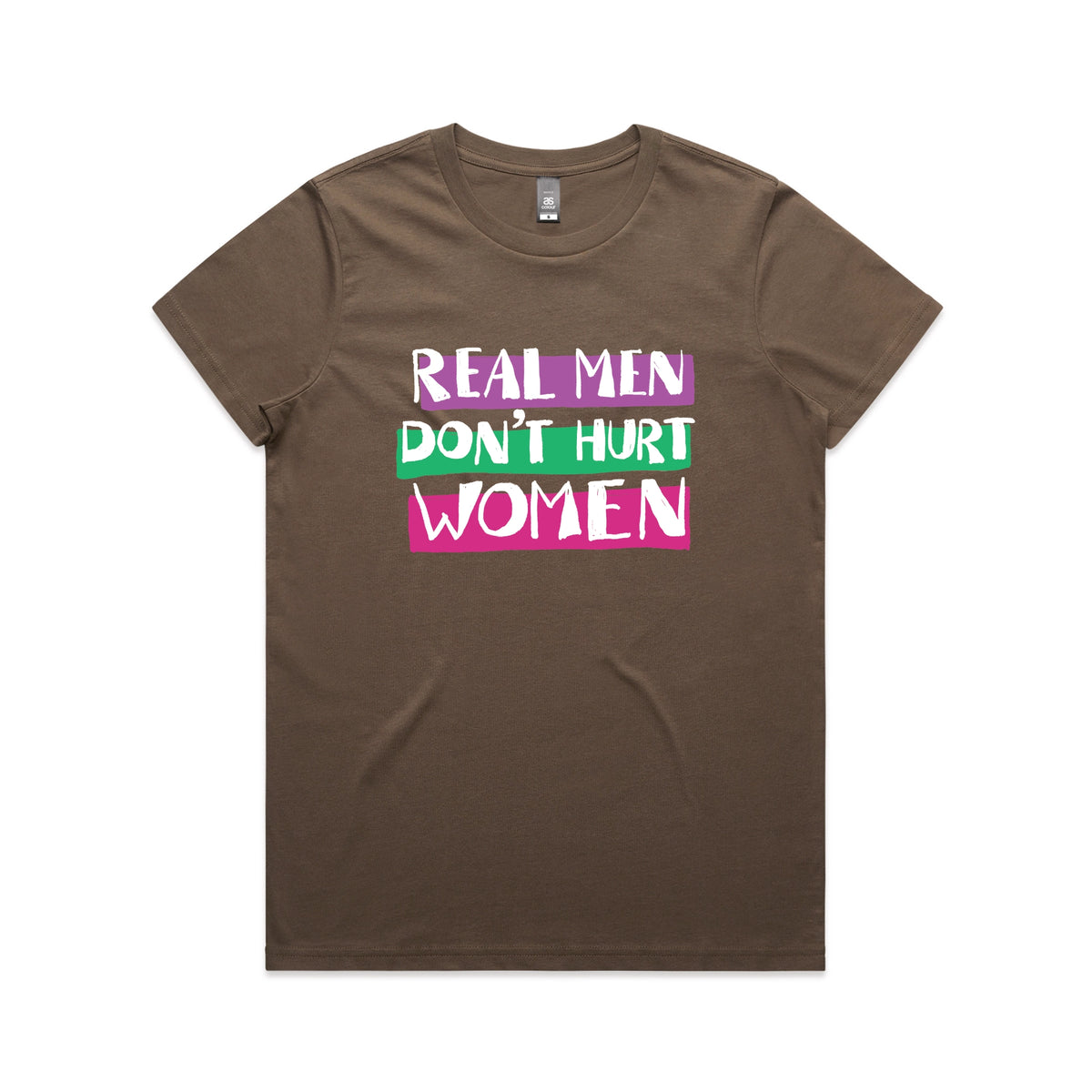 Walnut fitted womens t-shirt with Real Men graphic by Lonely Kids Club