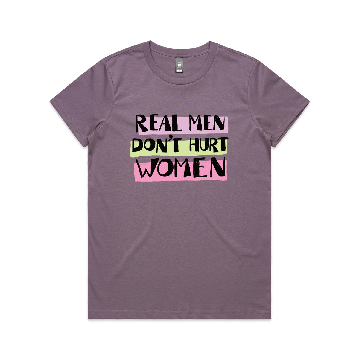 Mauve fitted womens t-shirt with Real Men graphic by Lonely Kids Club