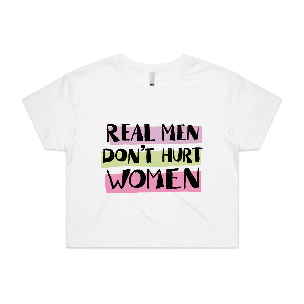 White crop top with Real Men graphic by Lonely Kids Club