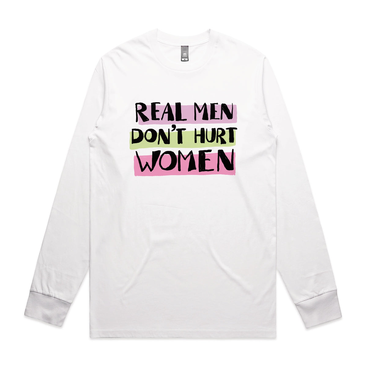 White long sleeve t-shirt with Real Men graphic by Lonely Kids Club