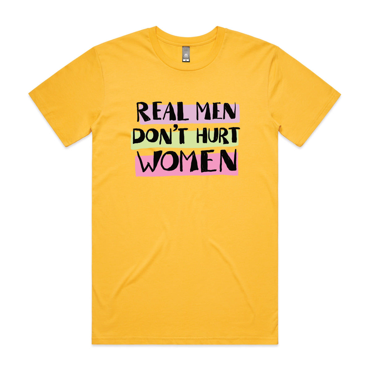 Yellow unisex t-shirt with Real Men graphic by Lonely Kids Club