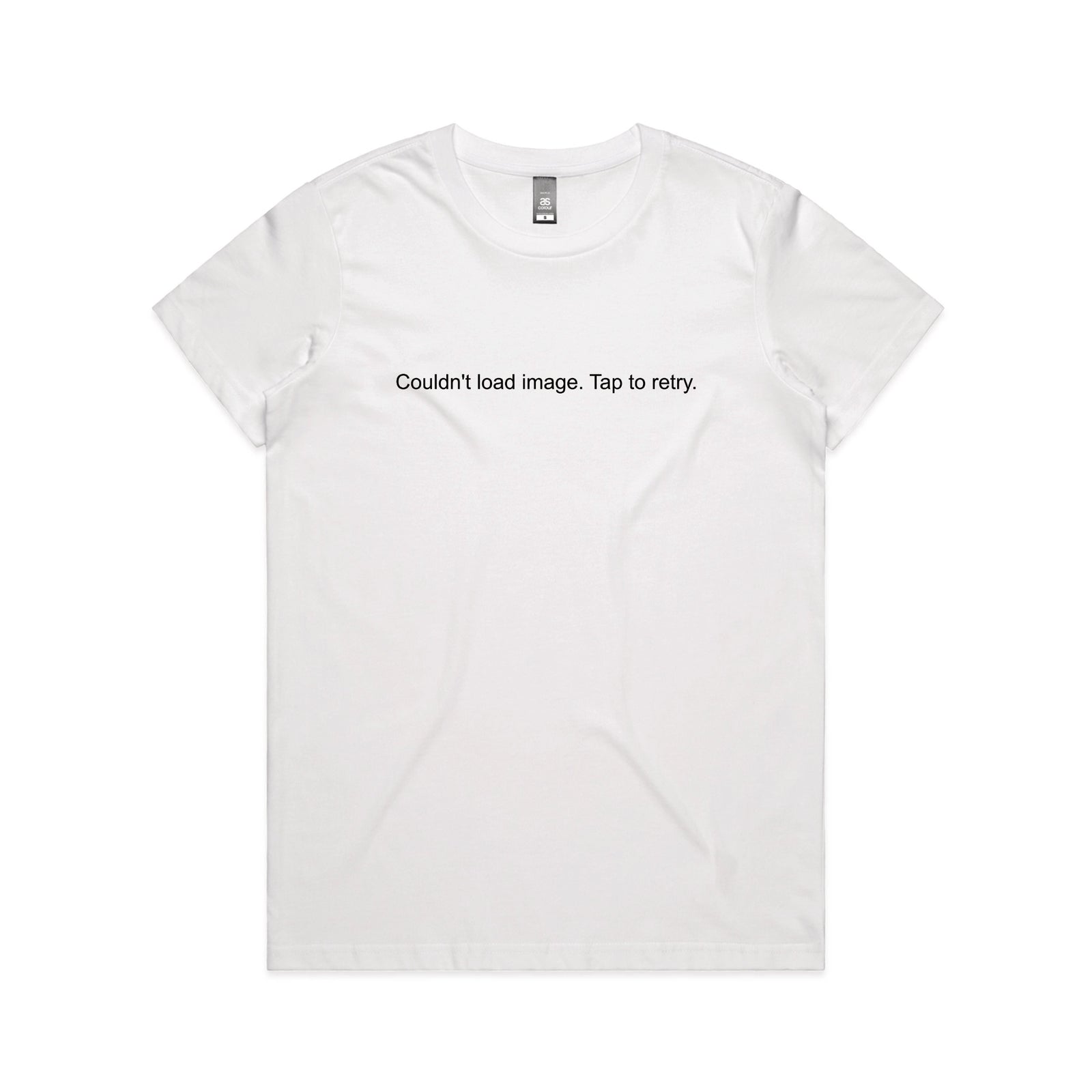 White fitted womens t-shirt with Tap To Retry graphic by Lonely Kids Club