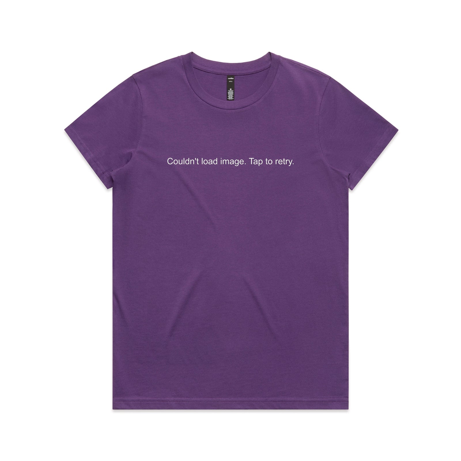 Purple fitted womens t-shirt with Tap To Retry graphic by Lonely Kids Club