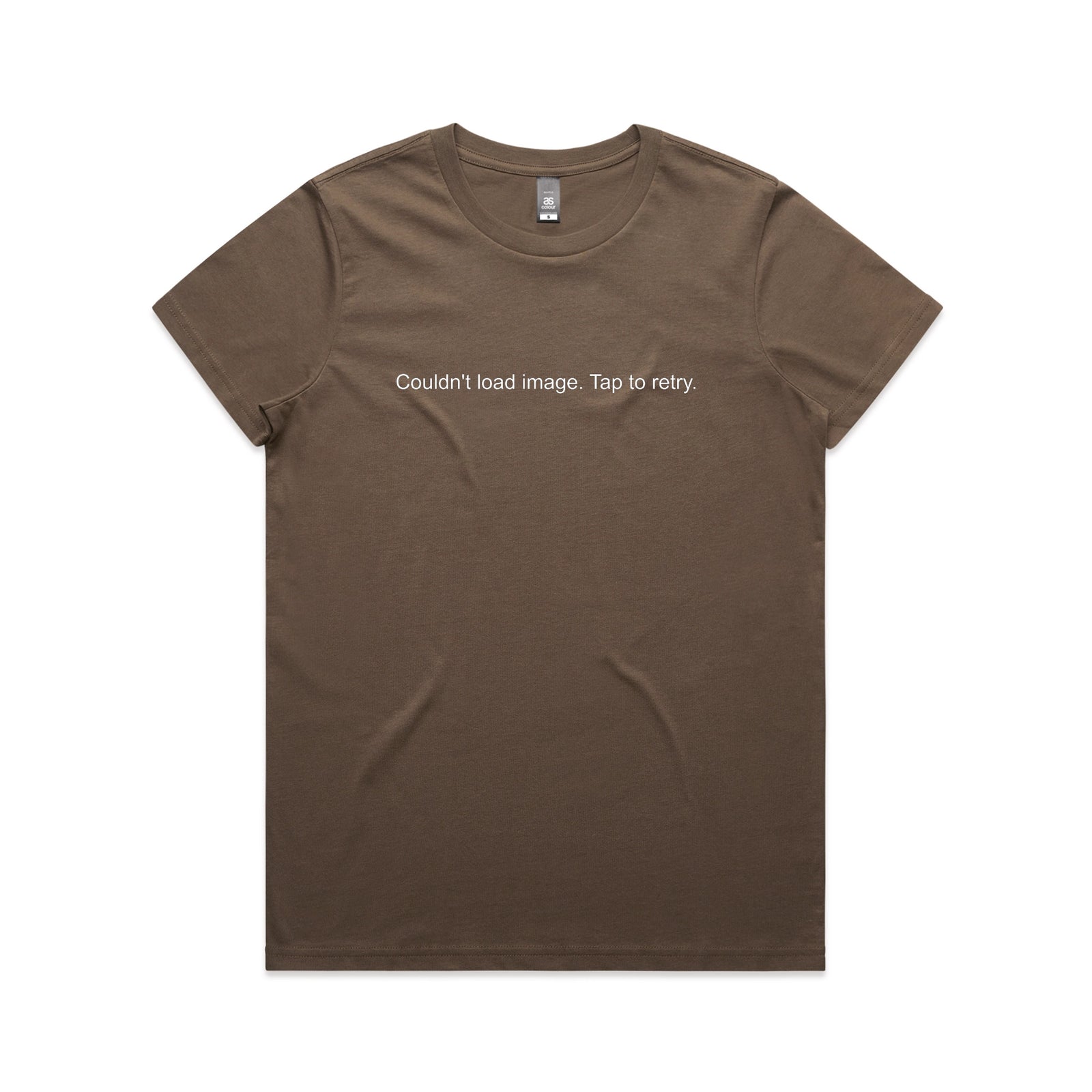 Walnut fitted womens t-shirt with Tap To Retry graphic by Lonely Kids Club