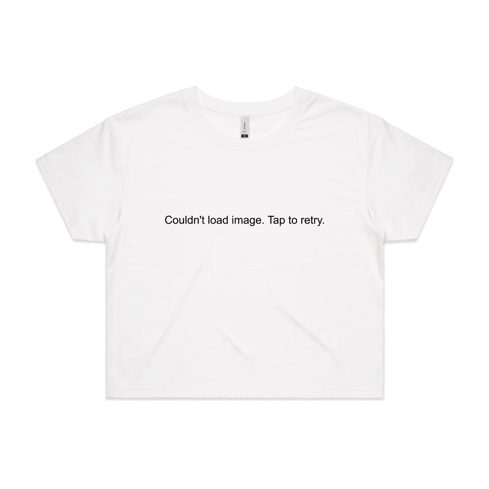 White crop top with Tap To Retry graphic by Lonely Kids Club