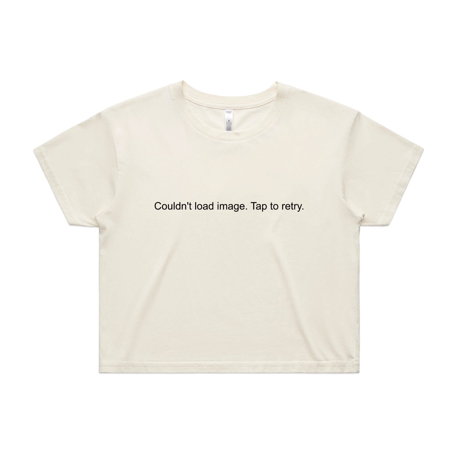 Ecru crop top with Tap To Retry graphic by Lonely Kids Club