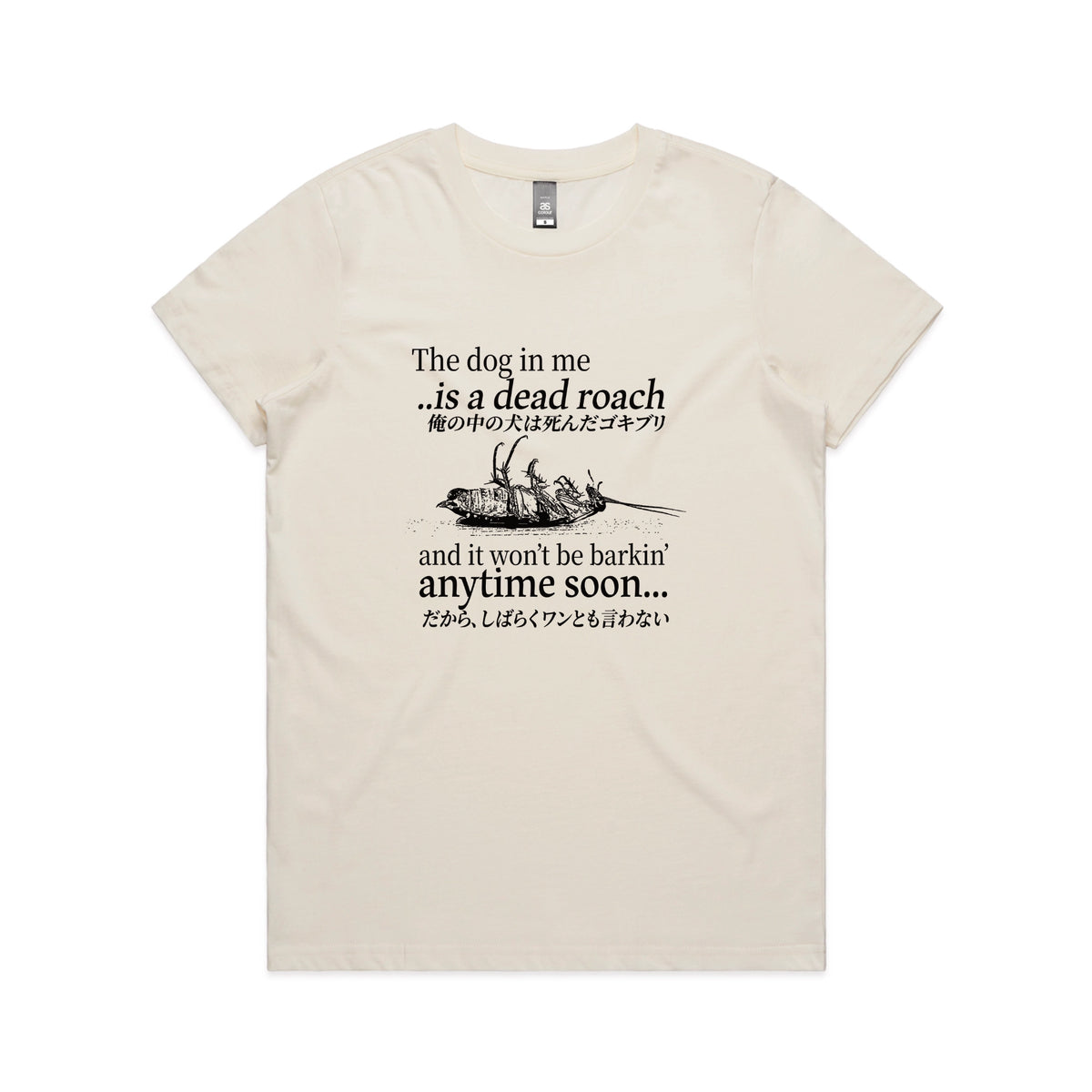 Ecru fitted womens t-shirt with Dead Roach graphic by Lonely Kids Club