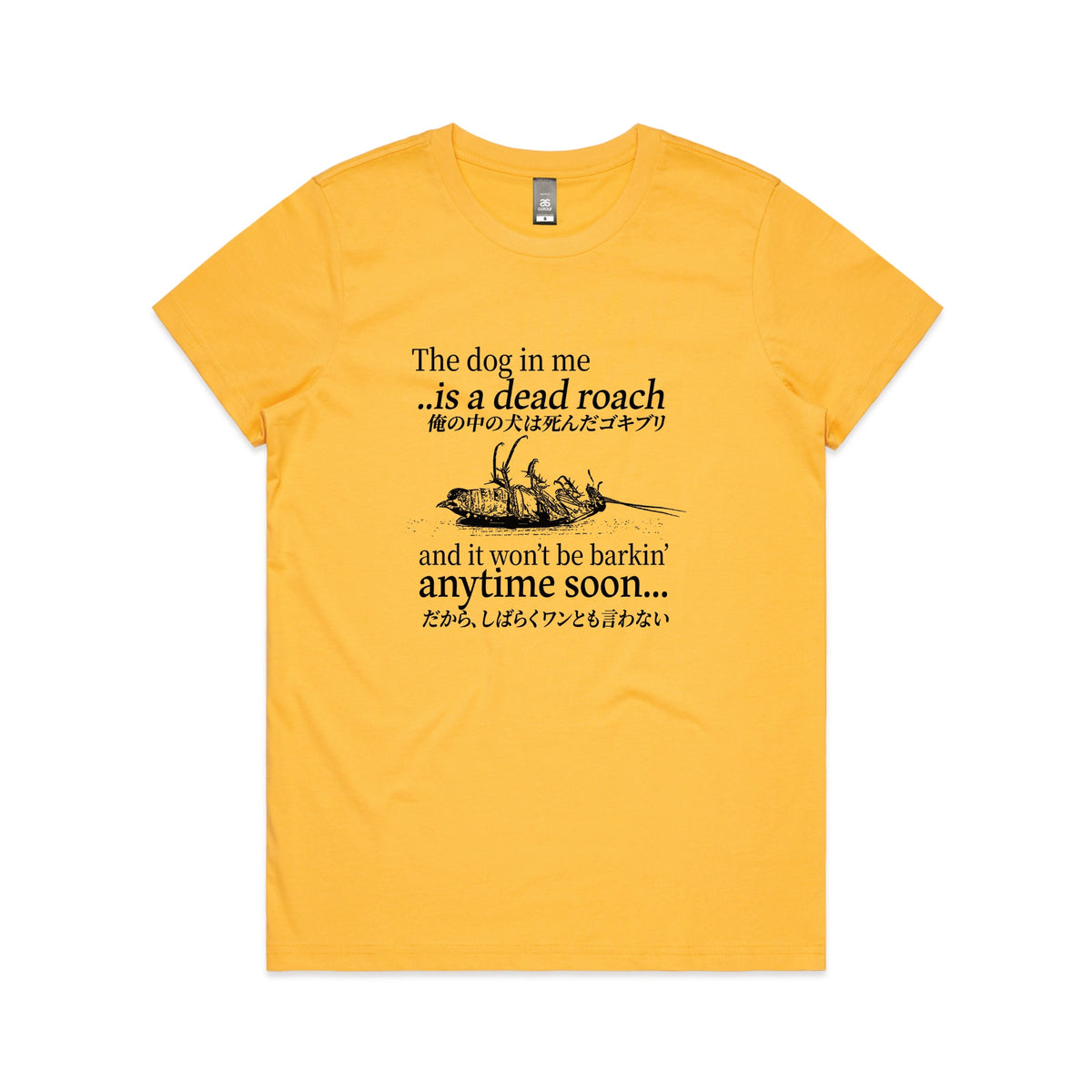 Yellow fitted womens t-shirt with Dead Roach graphic by Lonely Kids Club