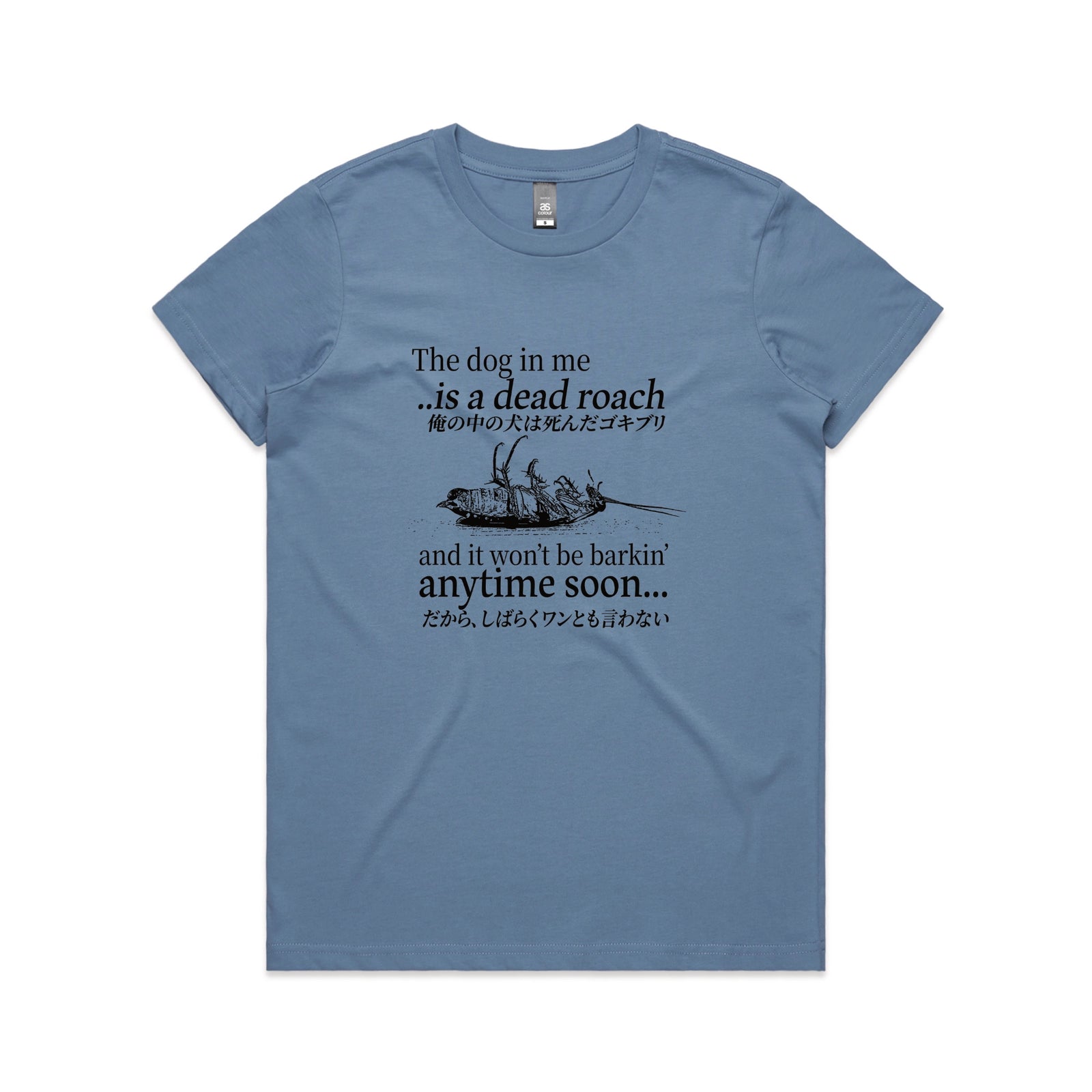 Carolina Blue fitted womens t-shirt with Dead Roach graphic by Lonely Kids Club