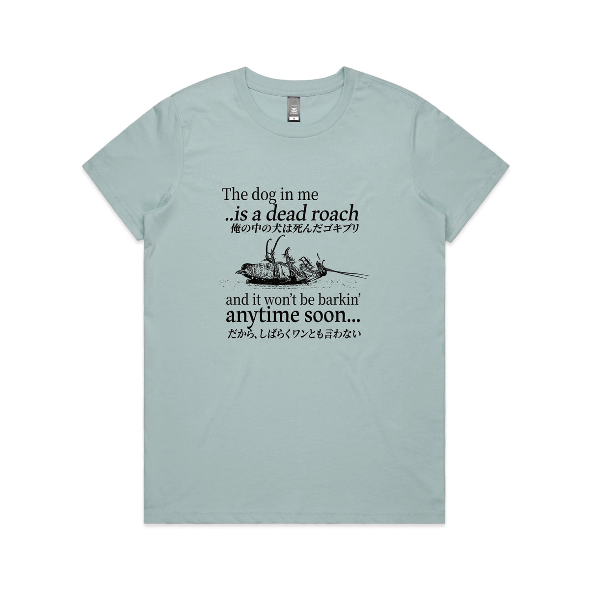 Pale Blue fitted womens t-shirt with Dead Roach graphic by Lonely Kids Club