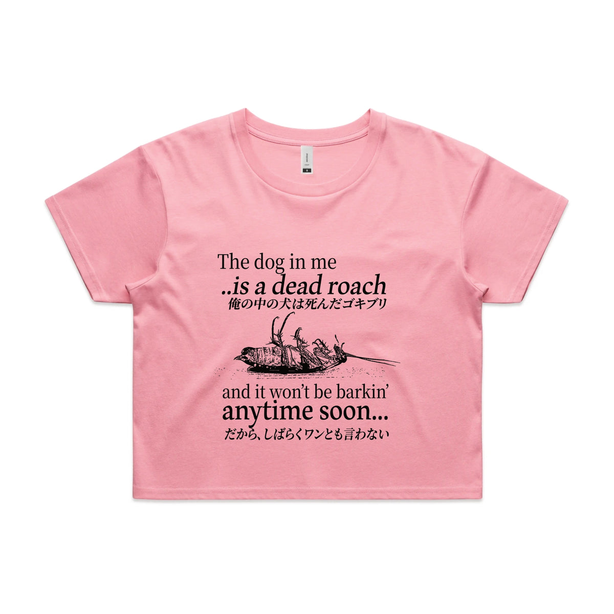 Bubblegum crop top with Dead Roach graphic by Lonely Kids Club