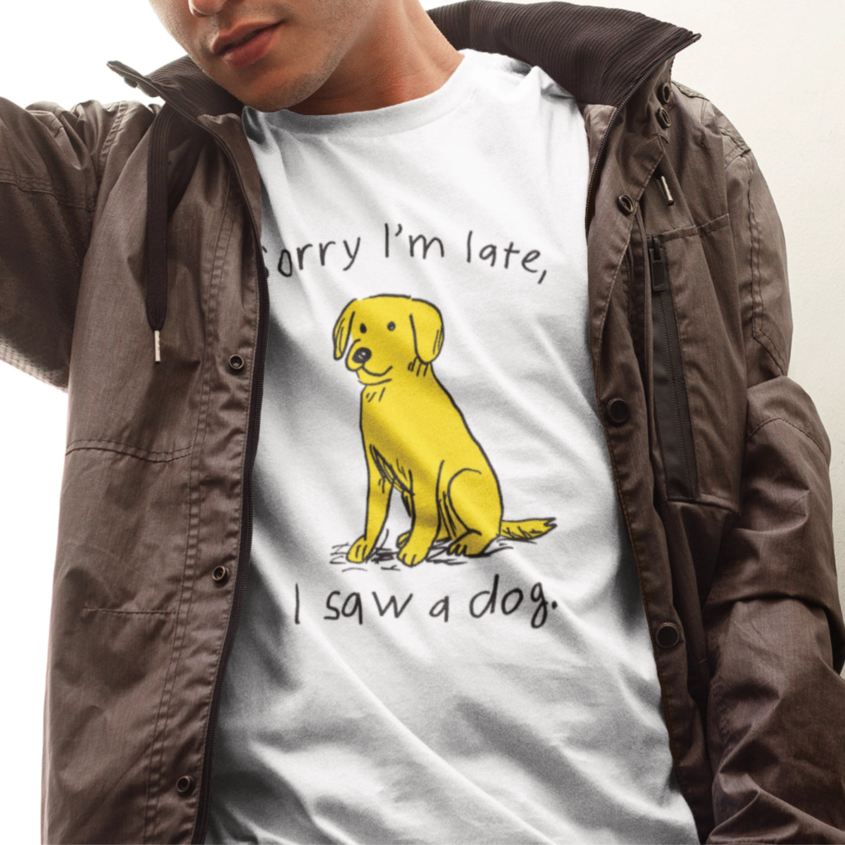 White unisex t-shirt with I Saw A Dog graphic by Lonely Kids Club
