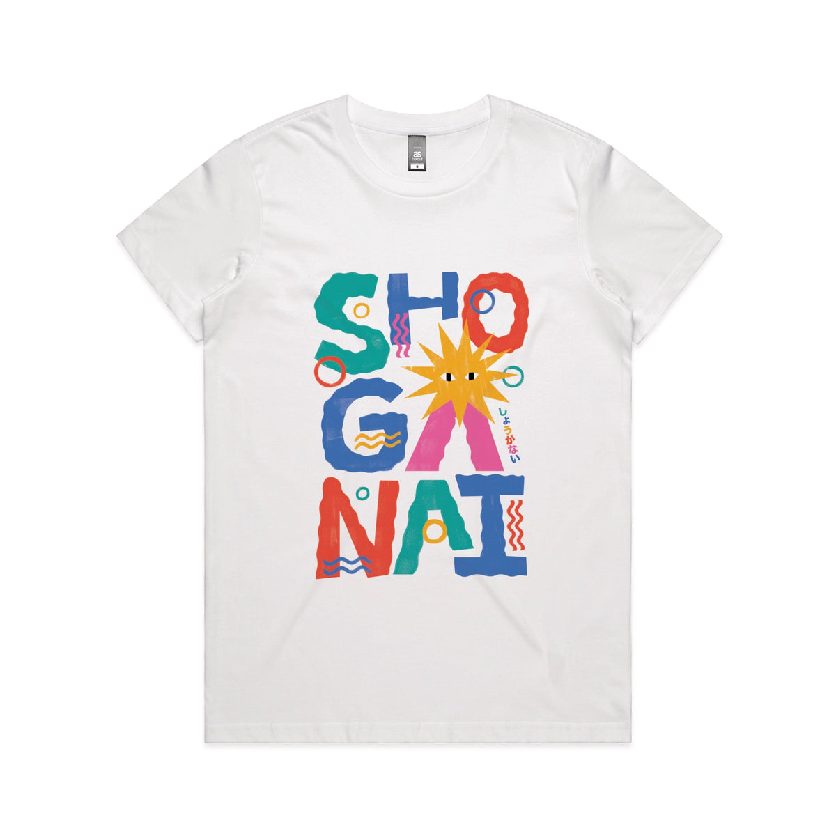 White fitted womens t-shirt with Shoganai graphic by Lonely Kids Club