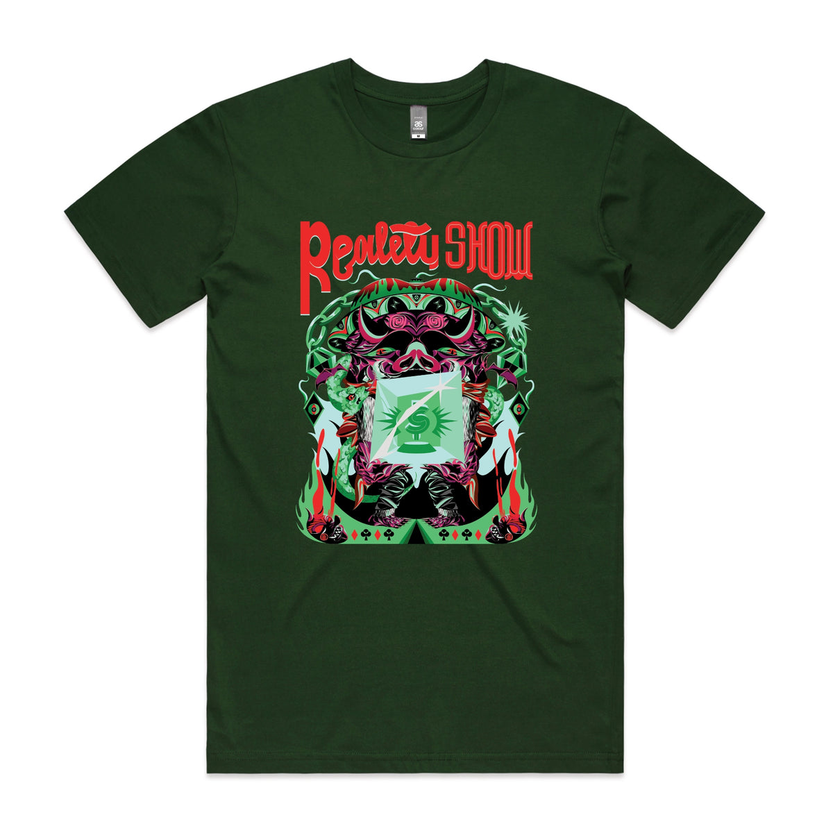 Forest Green unisex t-shirt with Reality Show graphic by Lonely Kids Club
