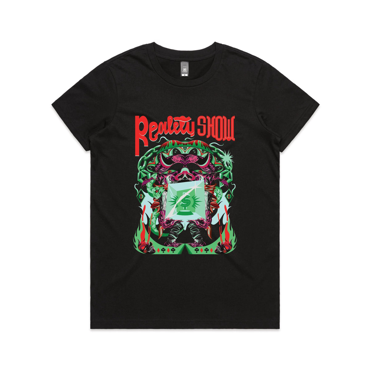Black fitted womens t-shirt with Reality Show graphic by Lonely Kids Club